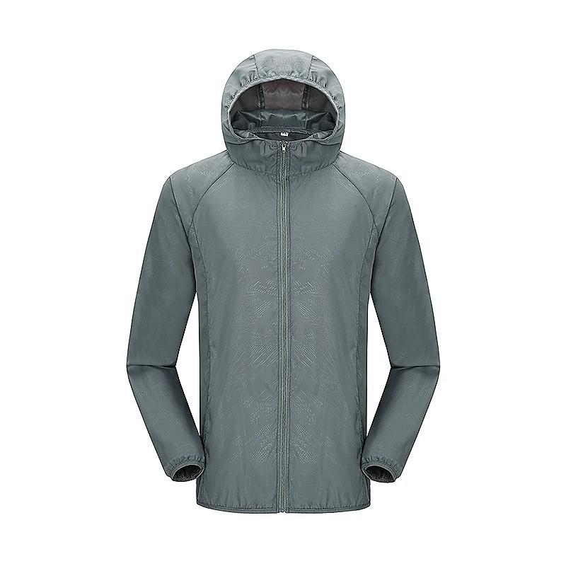 Waterproof polyester jacket SF2005 for hiking with hood, anti-UV and sun protection features, ideal for outdoor enthusiasts